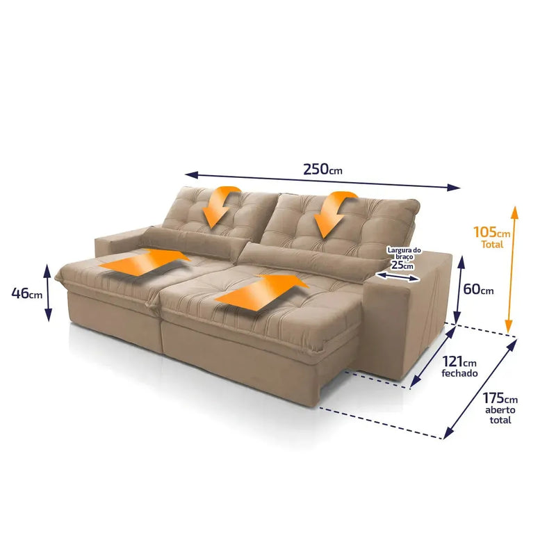 Sofá Retrátil Reclinável Zurique 2,50m Suede Velut Bege Molas no Assento