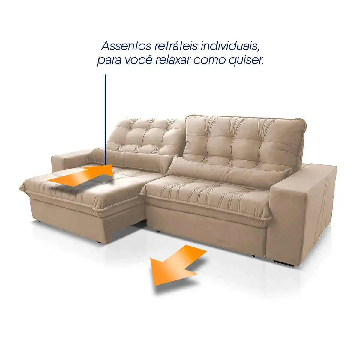 Sofá Retrátil Reclinável Zurique 2,50m Suede Velut Bege Molas no Assento