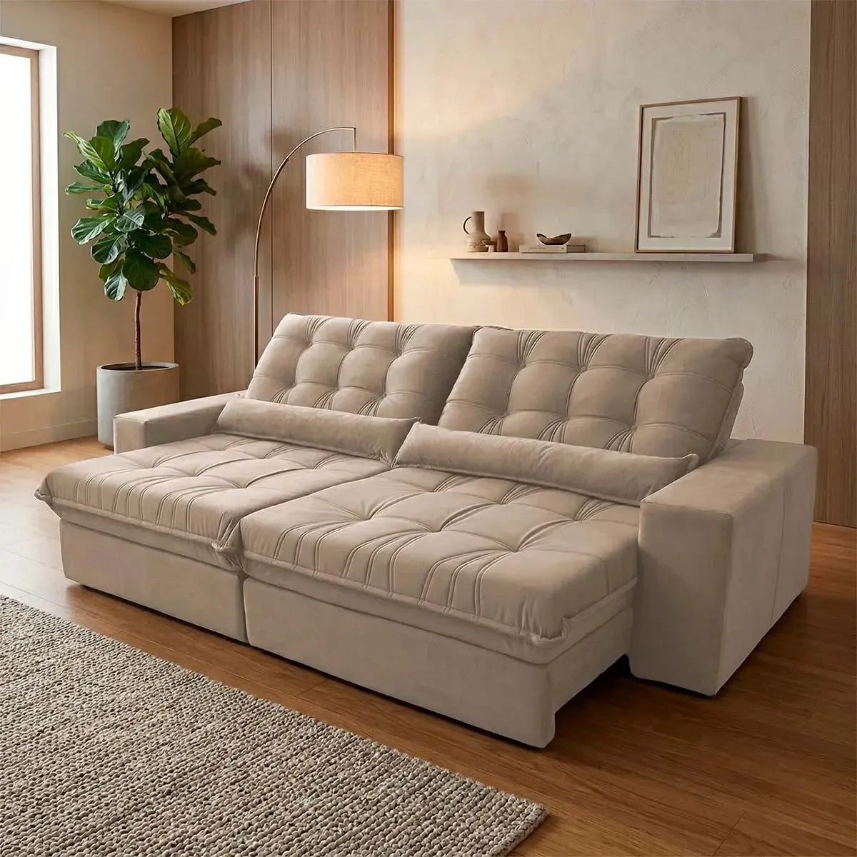 Sofá Retrátil Reclinável Zurique 2,50m Suede Velut Bege Molas no Assento
