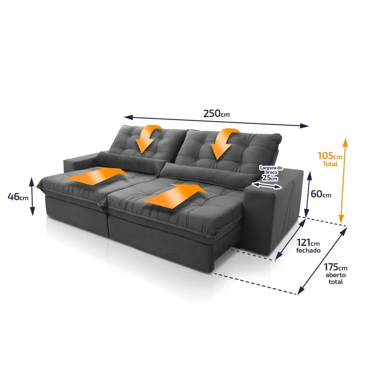 Sofá Retrátil Reclinável Zurique 2,50m Suede Velut Cinza Molas no Assento