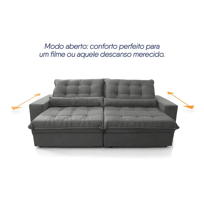 Sofá Retrátil Reclinável Zurique 2,50m Suede Velut Cinza Molas no Assento