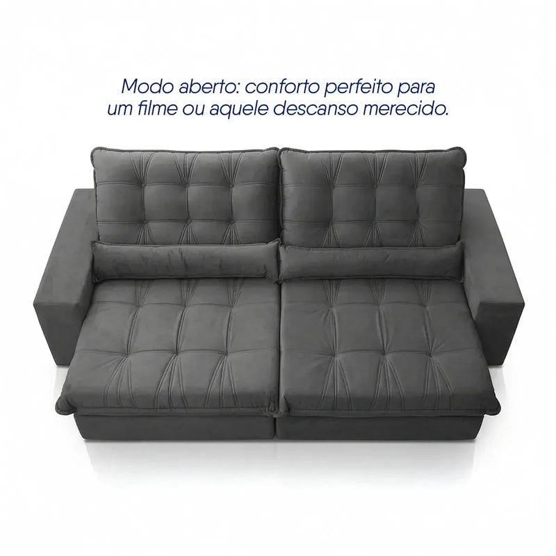 Sofá Retrátil Reclinável Zurique 2,50m Suede Velut Cinza Molas no Assento