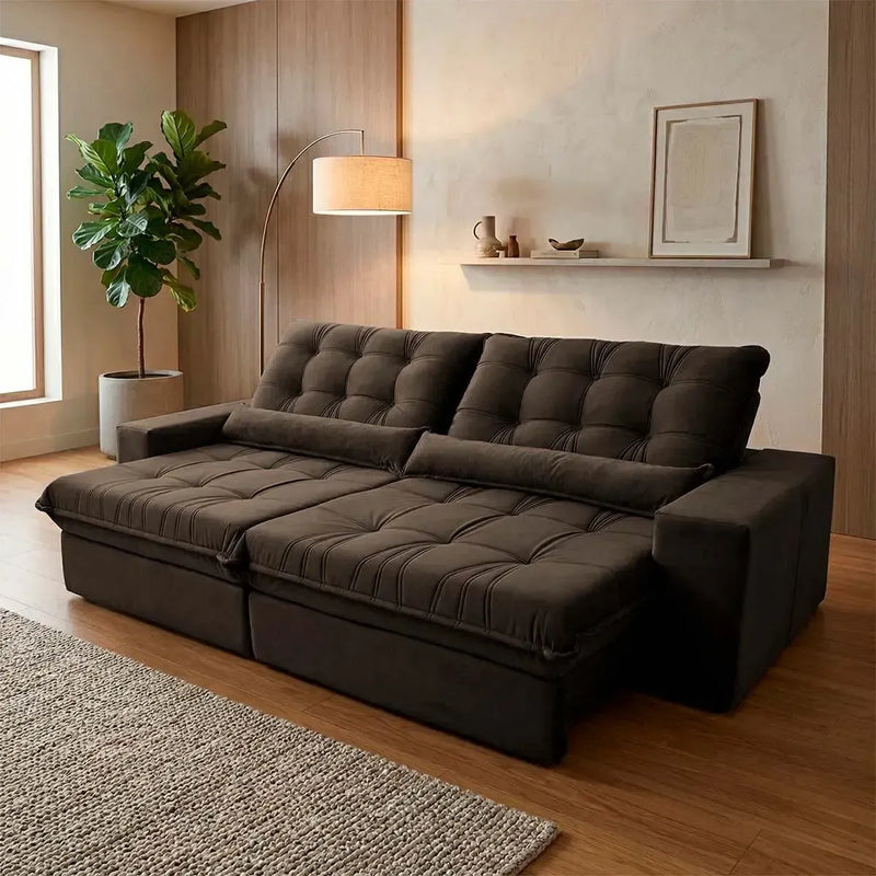 Sofá Retrátil Reclinável Zurique 2,50m Suede Velut Marrom Molas no Assento