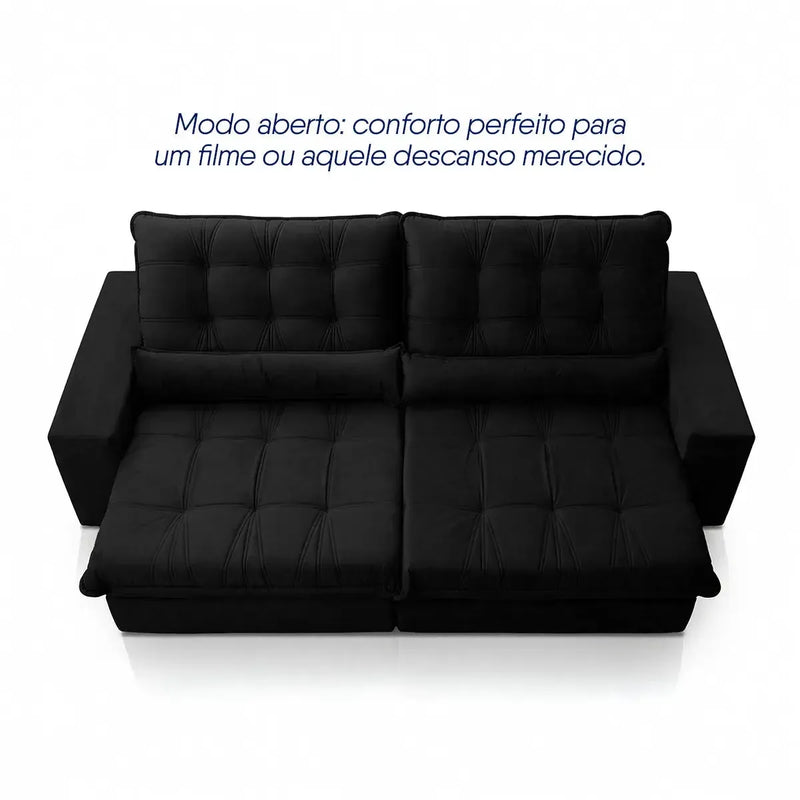 Sofá Retrátil Reclinável Zurique 2,50m Suede Velut Preto Molas no Assento