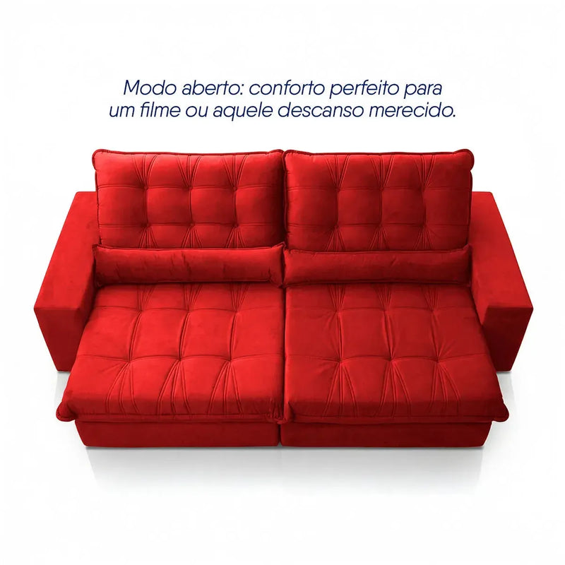 Sofá Retrátil Reclinável Zurique 2,50m Suede Velut Vermelho Molas no Assento