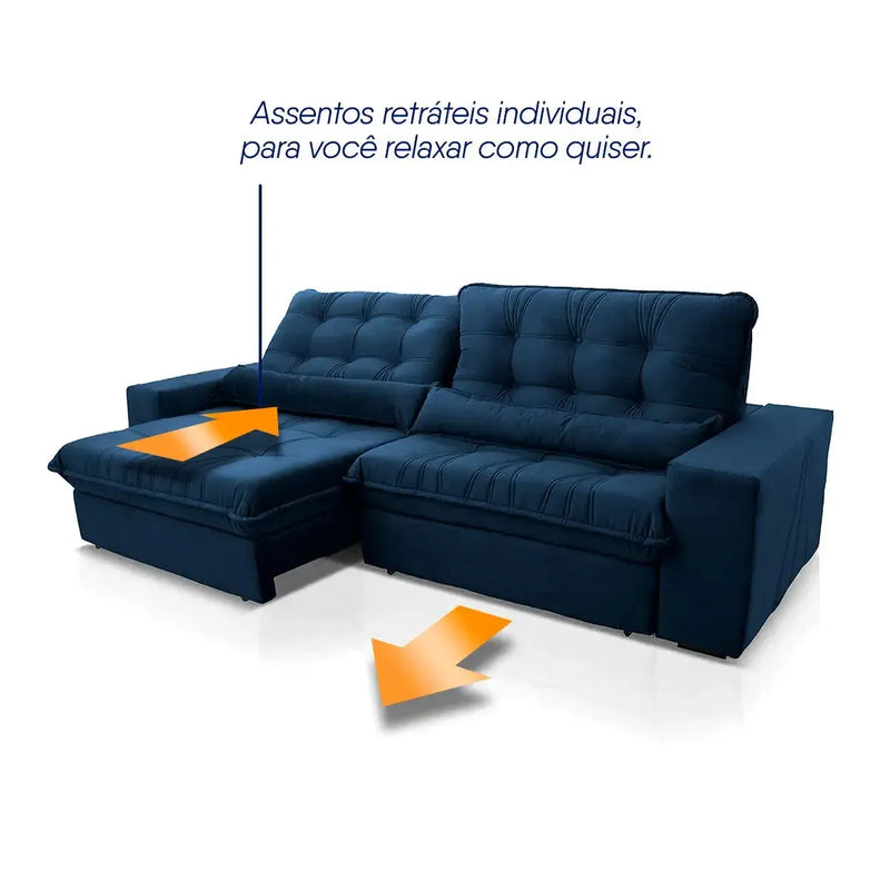 Sofá Retrátil Reclinável Zurique 2,70m Suede Velut Azul Marinho Molas no Assento