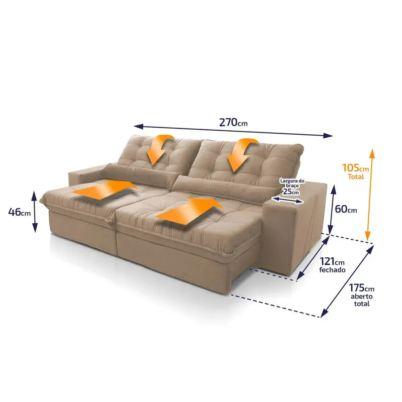 Sofá Retrátil Reclinável Zurique 2,70m Suede Velut Bege Molas no Assento