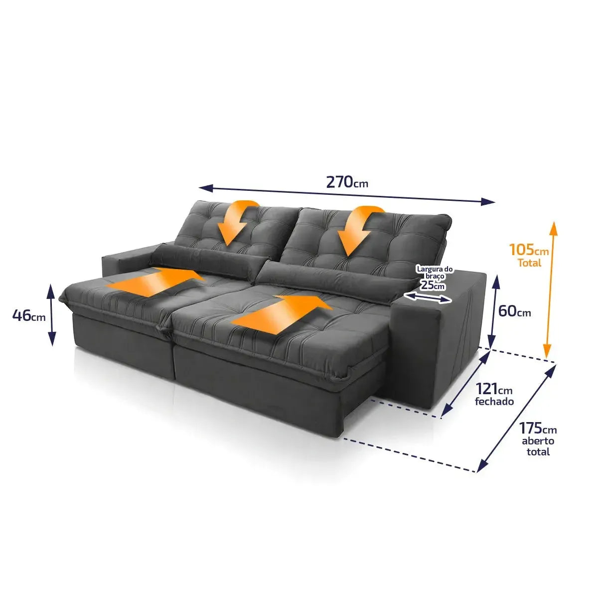 Sofá Retrátil Reclinável Zurique 2,70m Suede Velut Cinza Molas no Assento
