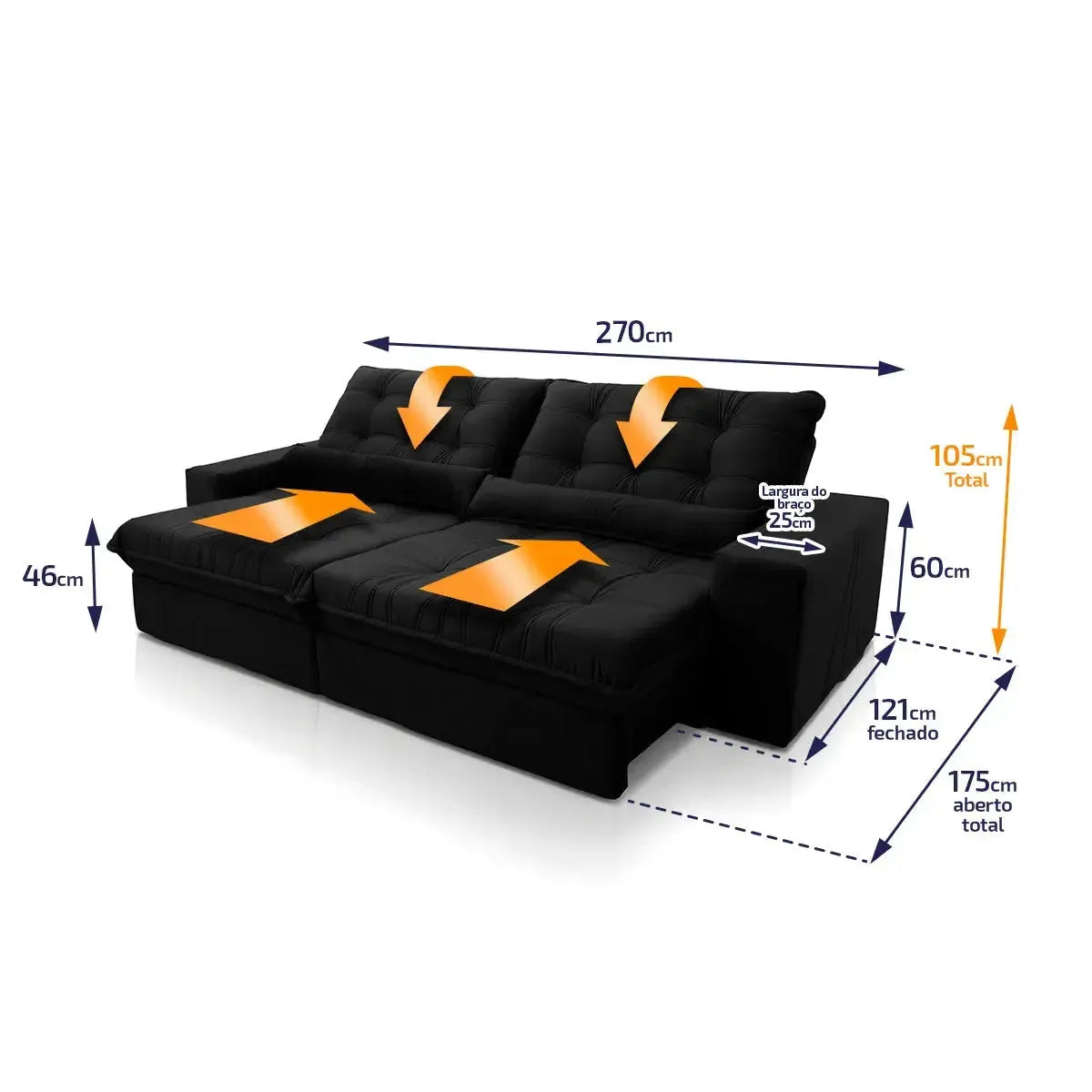 Sofá Retrátil Reclinável Zurique 2,70m Suede Velut Preto Molas no Assento