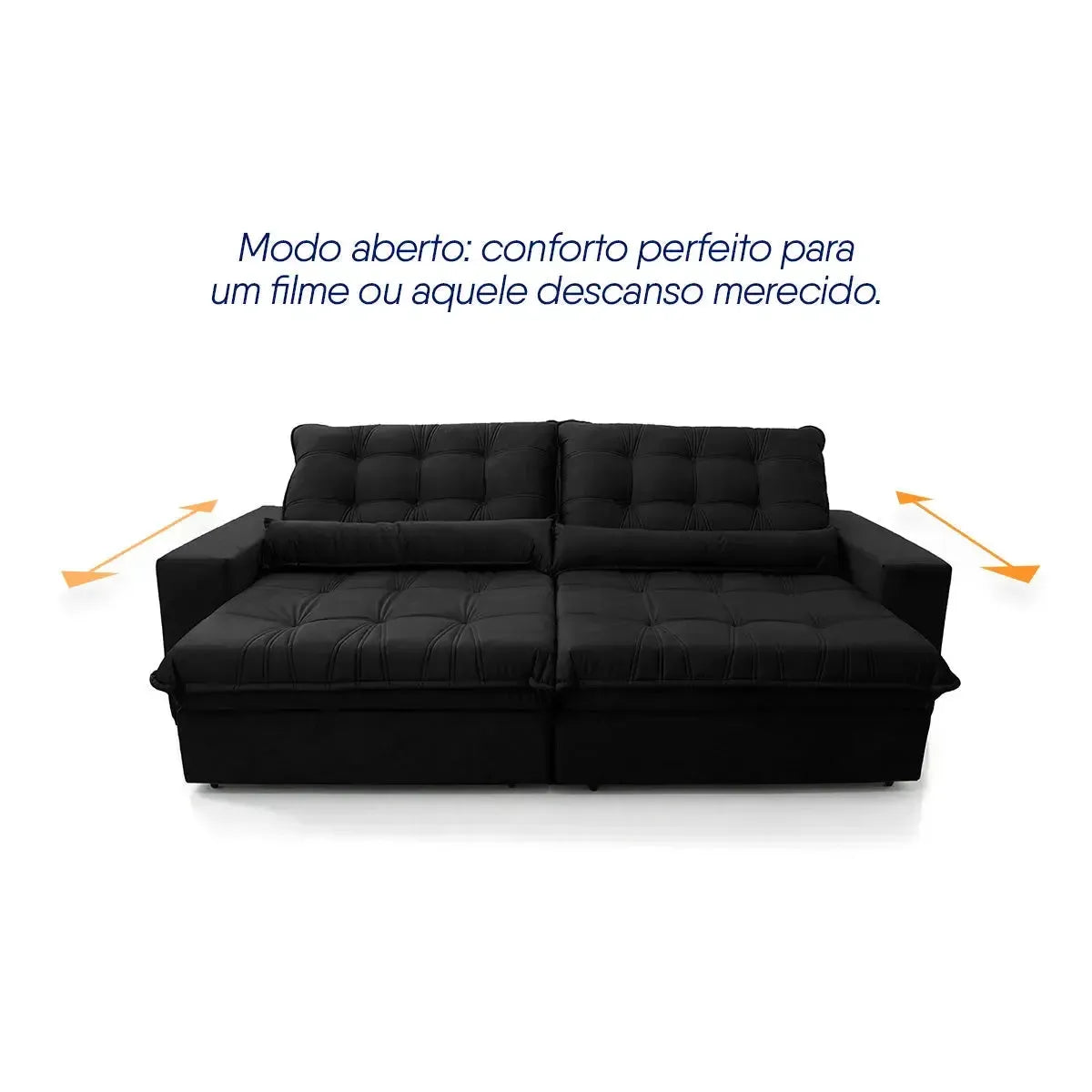 Sofá Retrátil Reclinável Zurique 2,70m Suede Velut Preto Molas no Assento