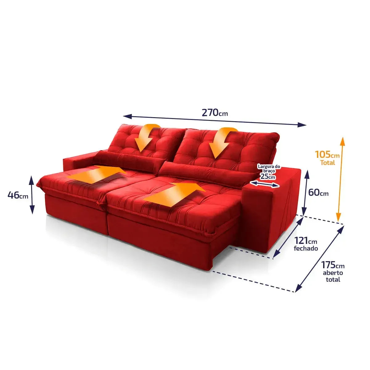Sofá Retrátil Reclinável Zurique 2,70m Suede Velut Vermelho Molas no Assento