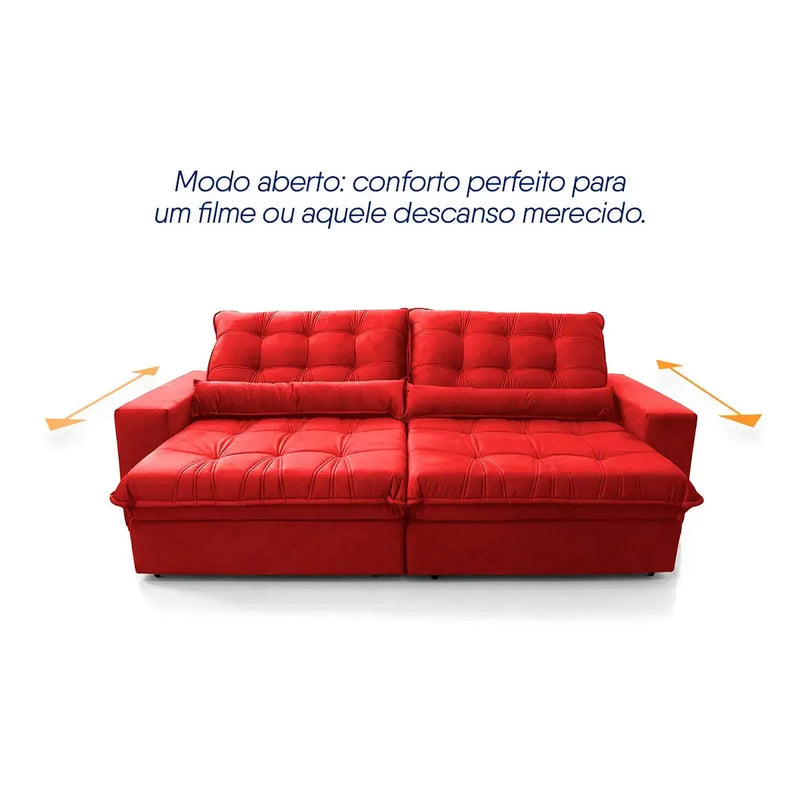 Sofá Retrátil Reclinável Zurique 2,70m Suede Velut Vermelho Molas no Assento