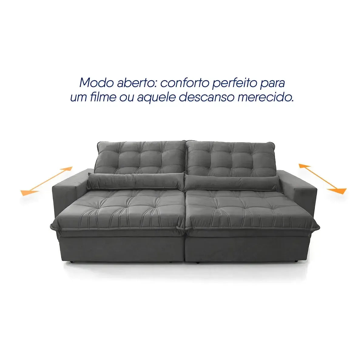 Sofá Retrátil Reclinável Zurique 3,00m Suede Velut Cinza Molas no Assento