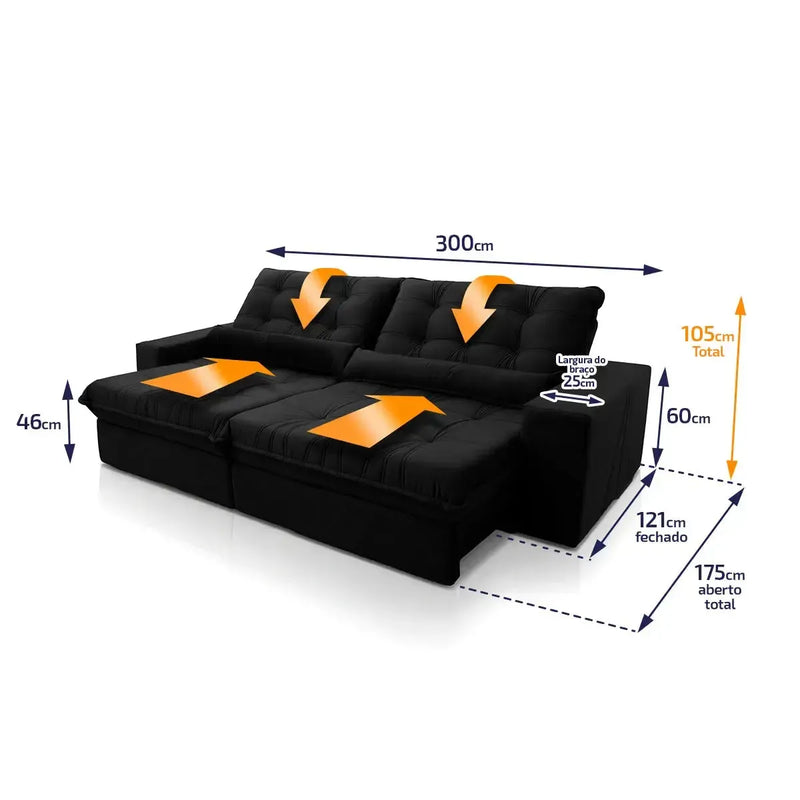 Sofá Retrátil Reclinável Zurique 3,00m Suede Velut Preto Molas no Assento