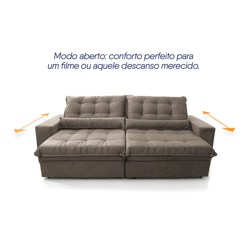 Sofá Retrátil Reclinável Zurique 3,00m Suede Velut Tabaco Molas no Assento