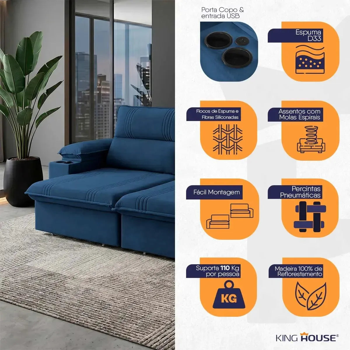 Sofá Retrátil Tesla 2,20m USB e Porta Copo Suede Azul