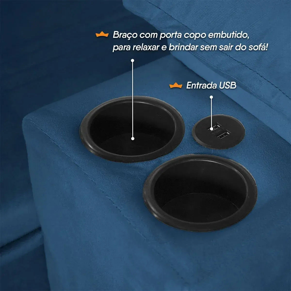 Sofá Retrátil Tesla 2,20m USB e Porta Copo Suede Azul
