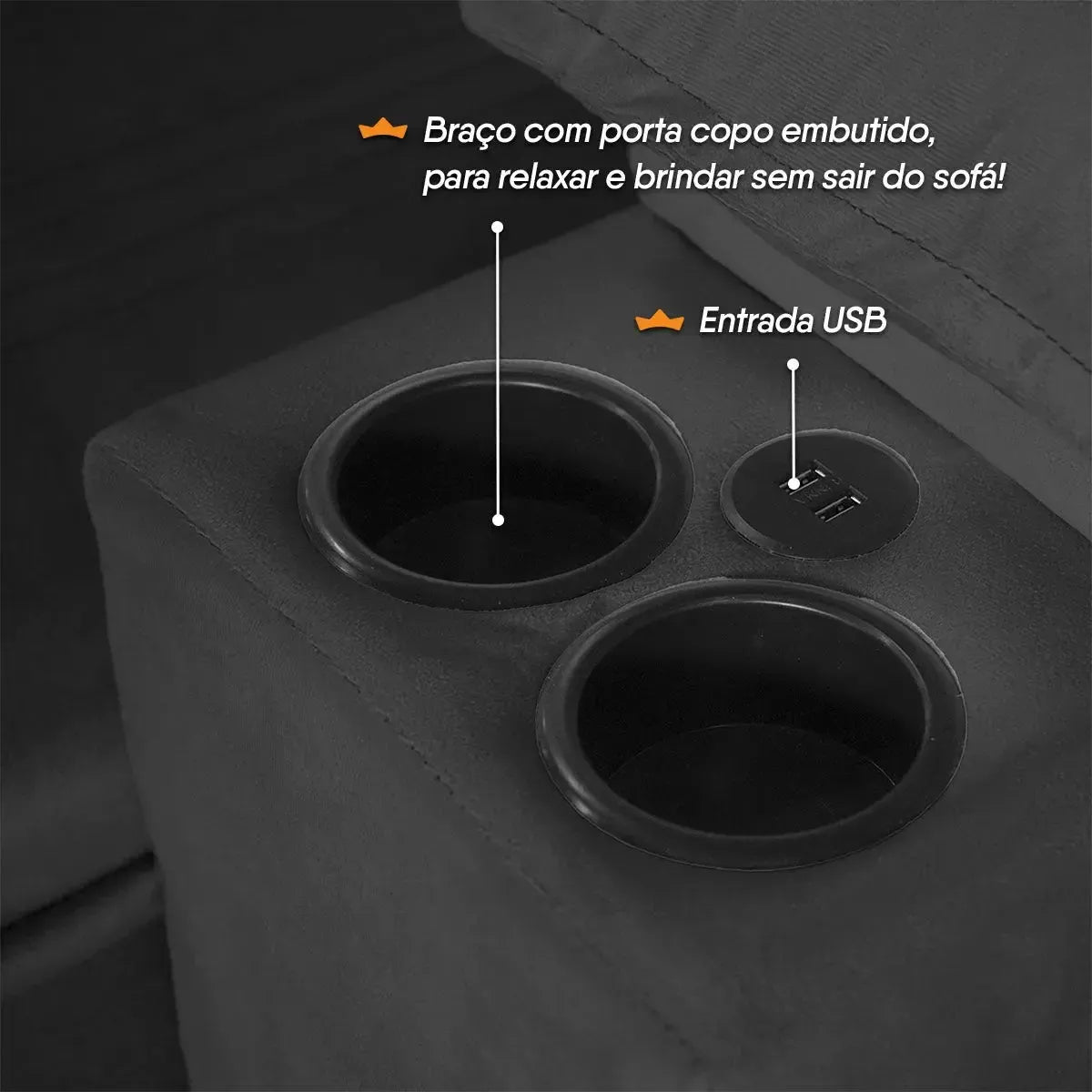 Sofá Retrátil Tesla 2,20m USB e Porta Copo Suede Marrom Claro
