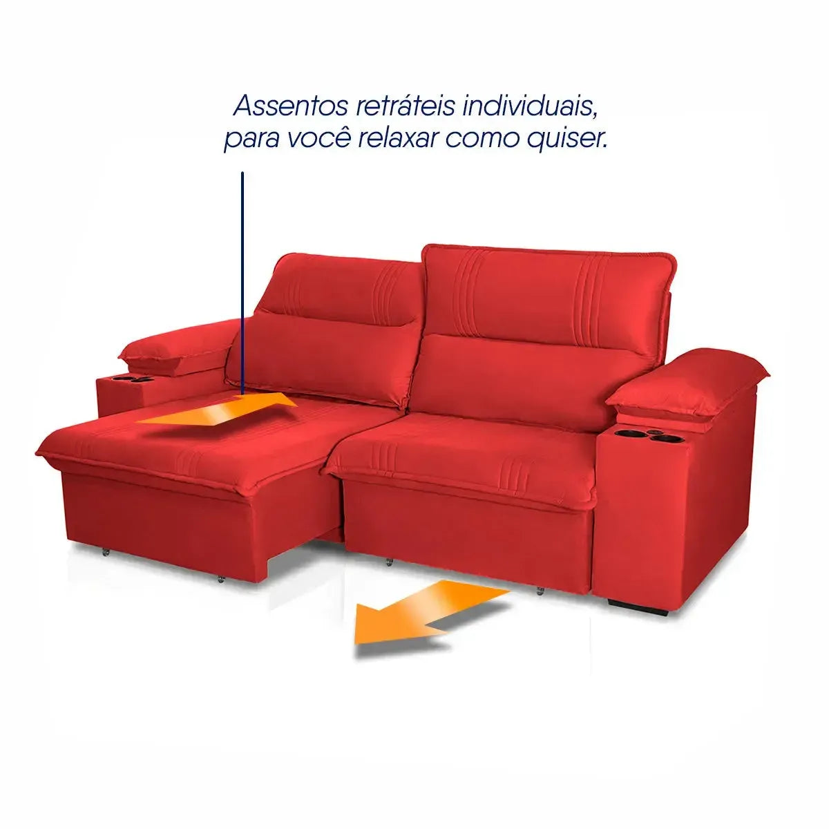 Sofá Retrátil Tesla 2,20m USB e Porta Copo Suede Vermelho