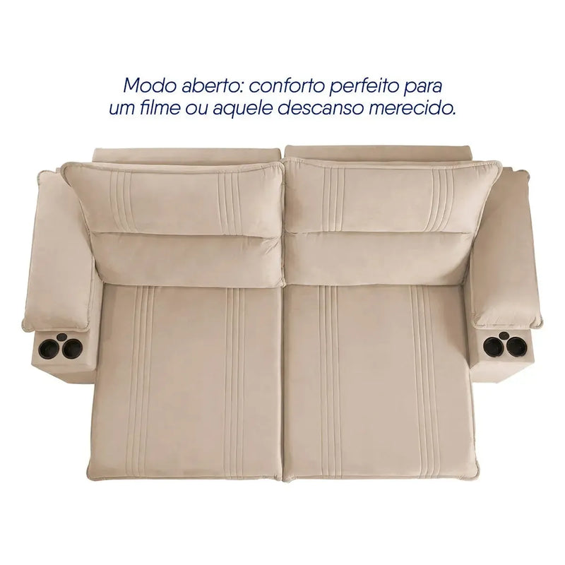 Sofá Retrátil Tesla 2,40m USB e Porta Copo Suede Bege