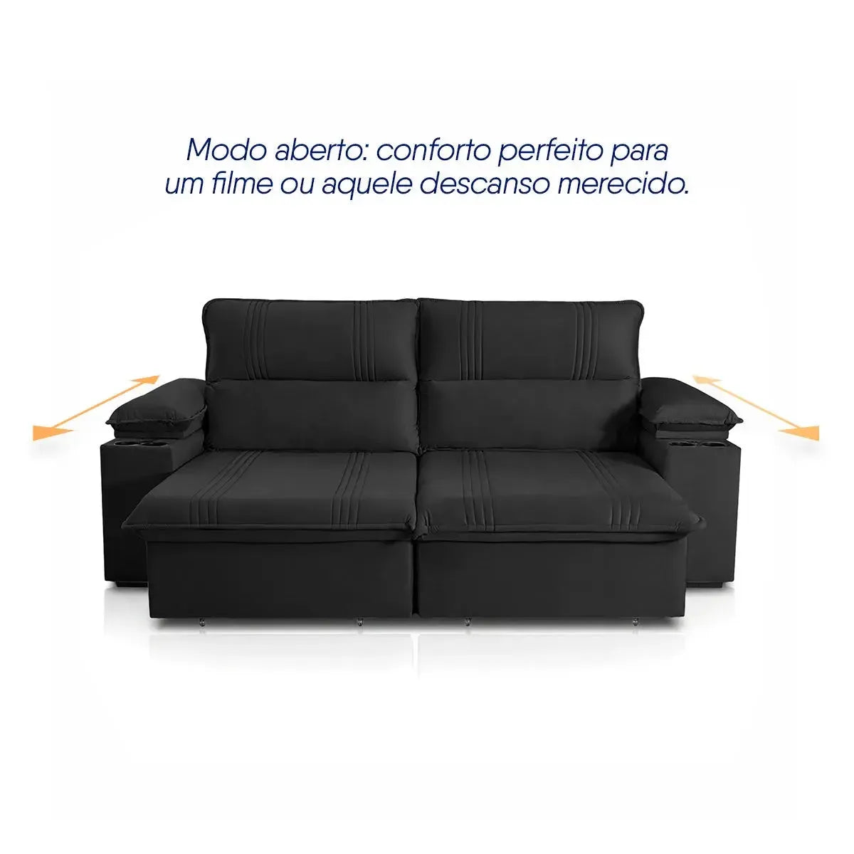 Sofá Retrátil Tesla 2,40m USB e Porta Copo Suede Preto