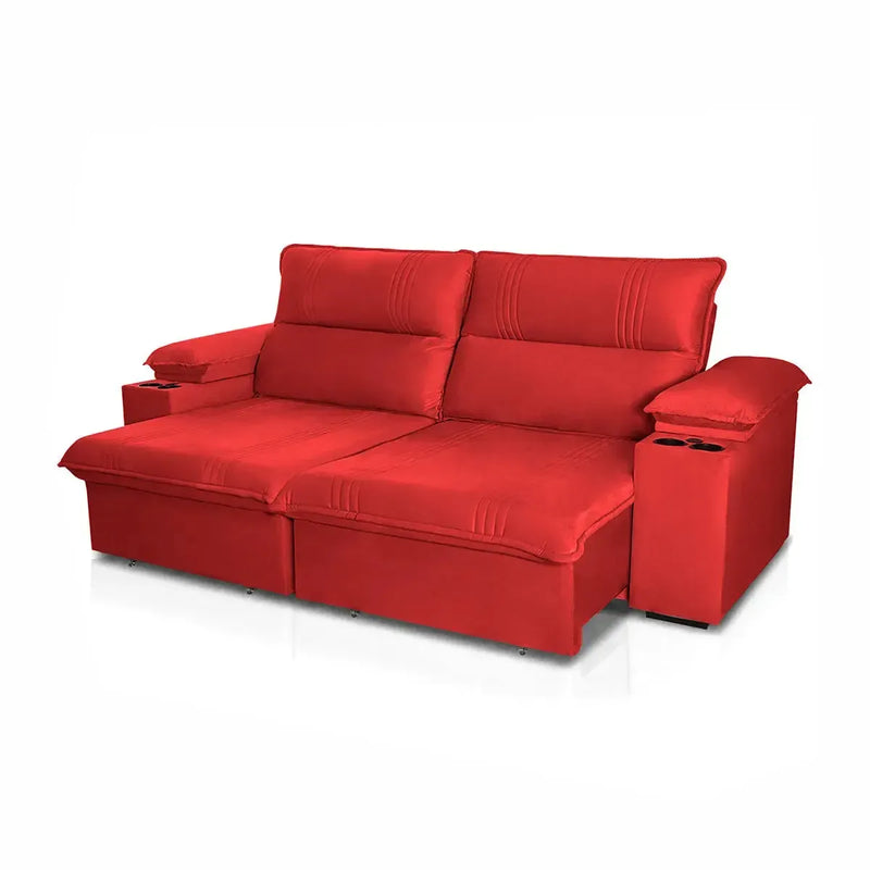 Sofá Retrátil Tesla 2,40m USB e Porta Copo Suede Vermelho