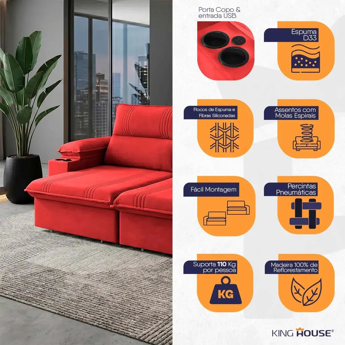 Sofá Retrátil Tesla 2,40m USB e Porta Copo Suede Vermelho