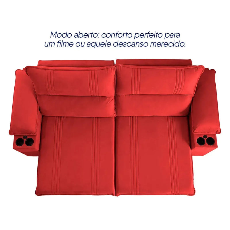 Sofá Retrátil Tesla 2,40m USB e Porta Copo Suede Vermelho