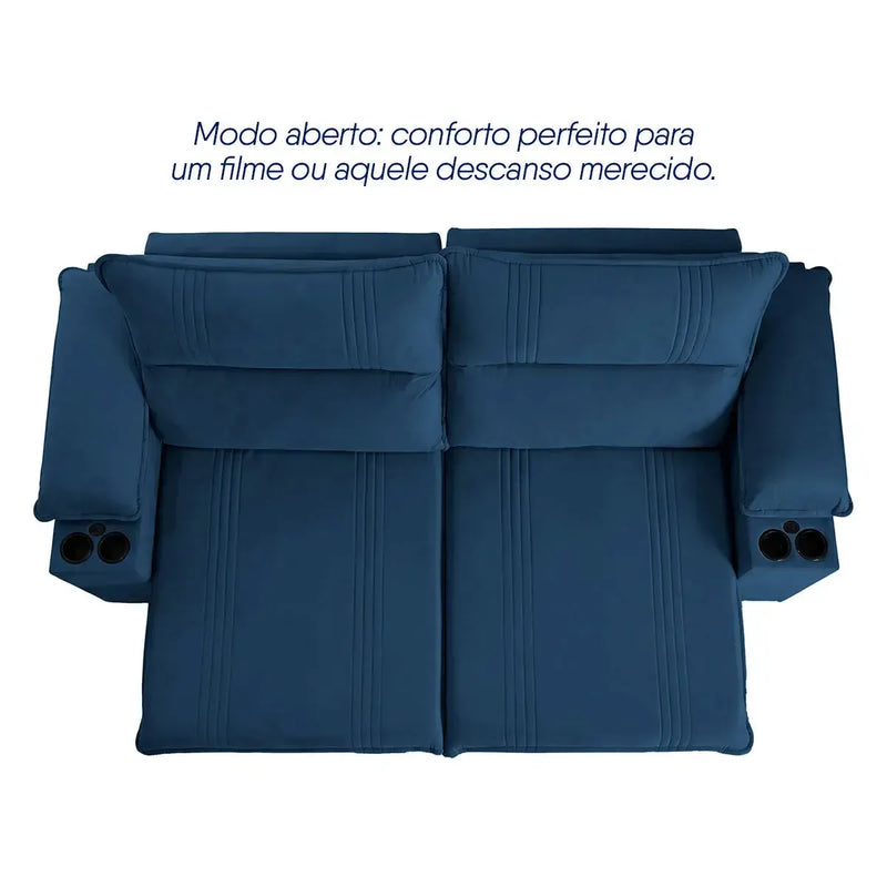 Sofá Retrátil Tesla 2,60m USB e Porta Copo Suede Azul
