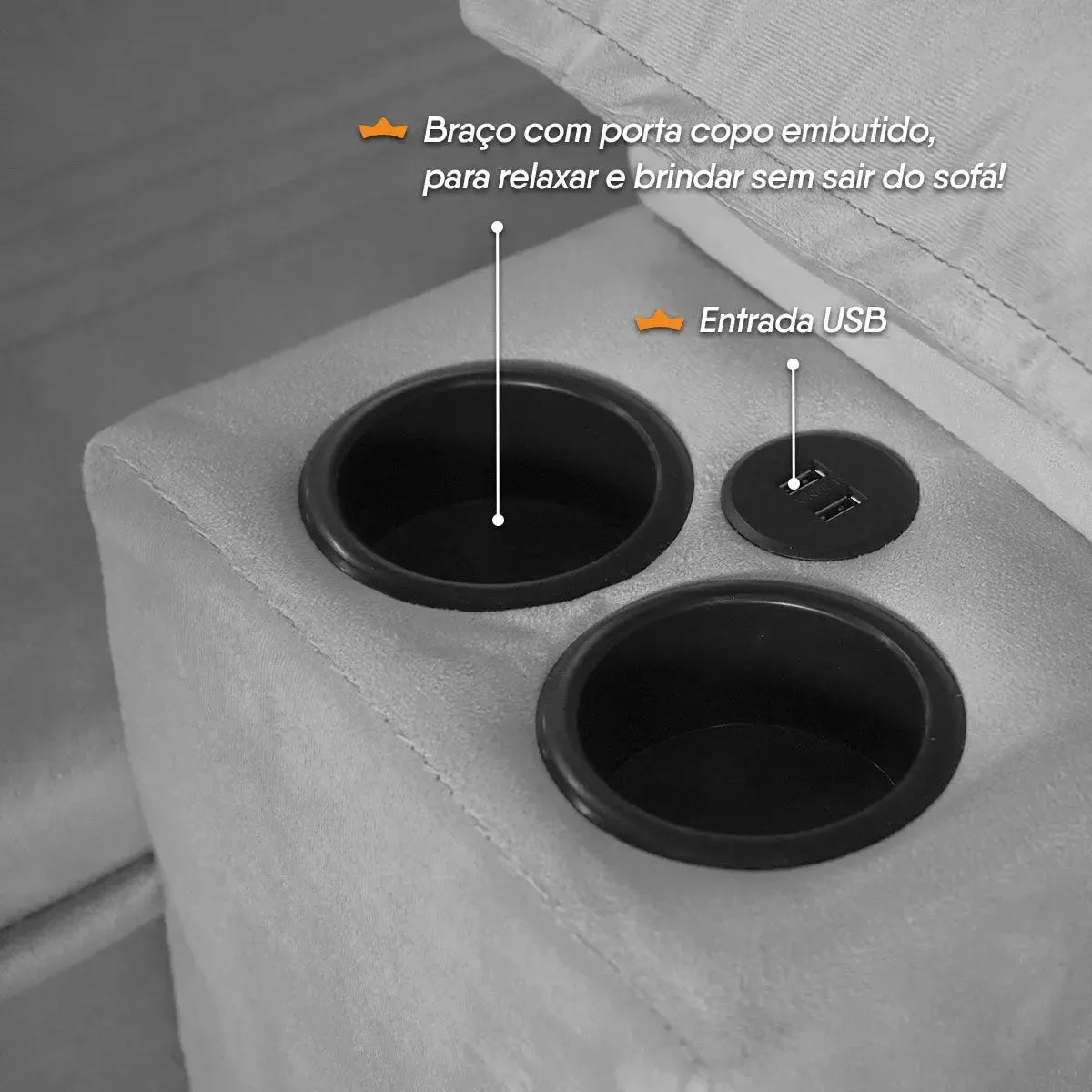 Sofá Retrátil Tesla 2,60m USB e Porta Copo Suede Cinza