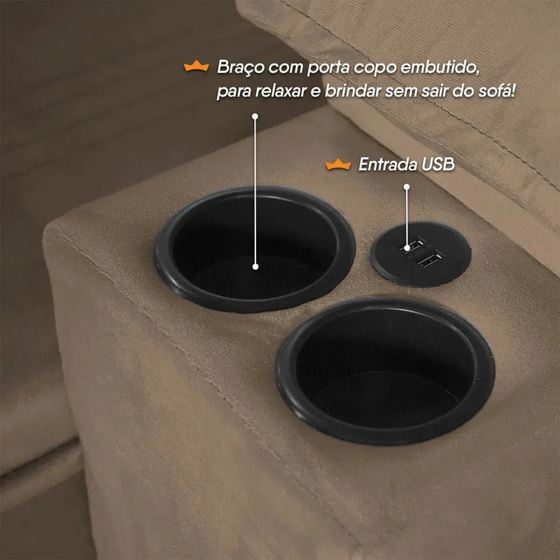 Sofá Retrátil Tesla 2,60m USB e Porta Copo Suede Marrom