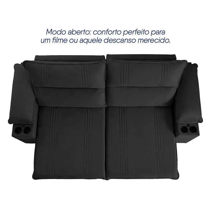 Sofá Retrátil Tesla 2,80m USB e Porta Copo Suede Preto