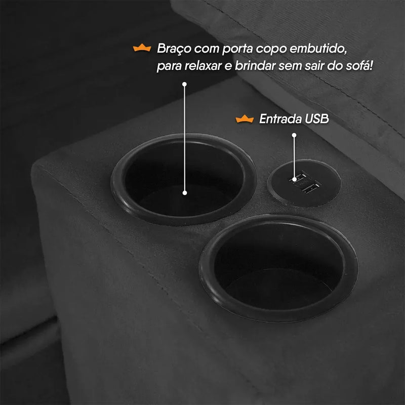 Sofá Retrátil Tesla 2,80m USB e Porta Copo Suede Preto