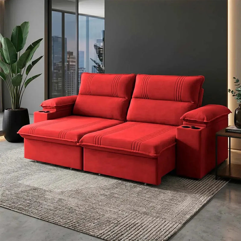 Sofá Retrátil Tesla 2,80m USB e Porta Copo Suede Vermelho