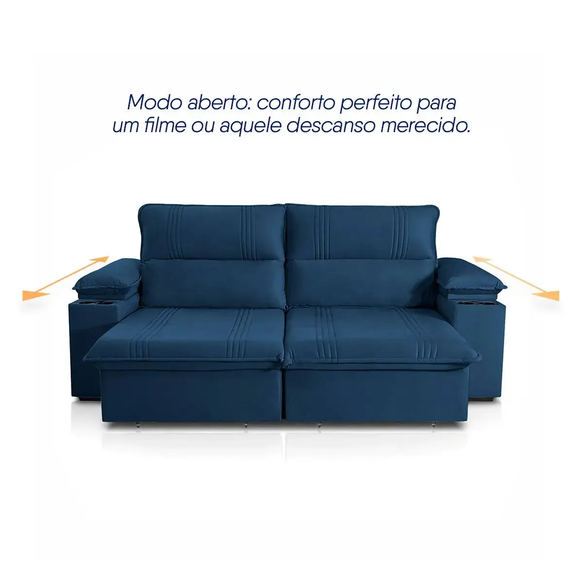 Sofá Retrátil Tesla 3,10m USB e Porta Copo Suede Azul