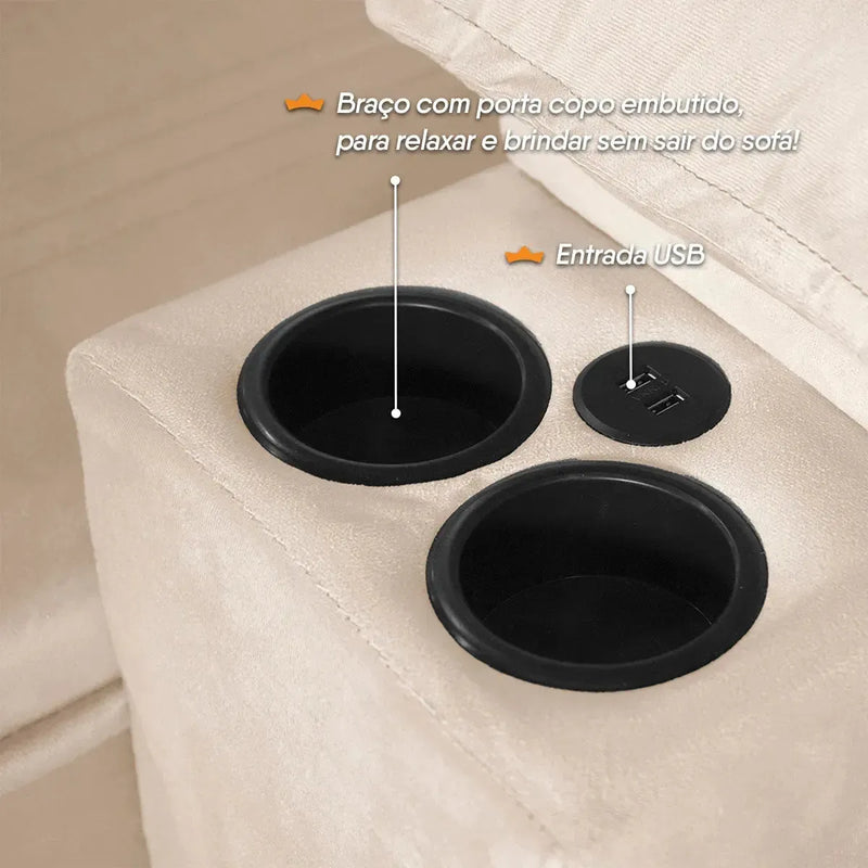 Sofá Retrátil Tesla 3,10m USB e Porta Copo Suede Bege
