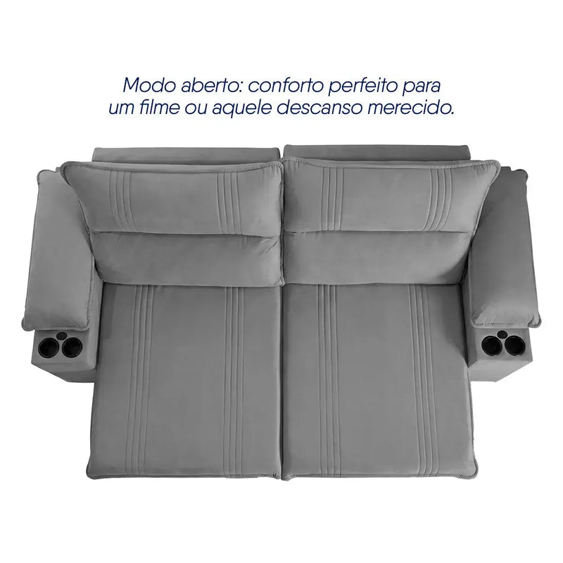 Sofá Retrátil Tesla 3,10m USB e Porta Copo Suede Cinza