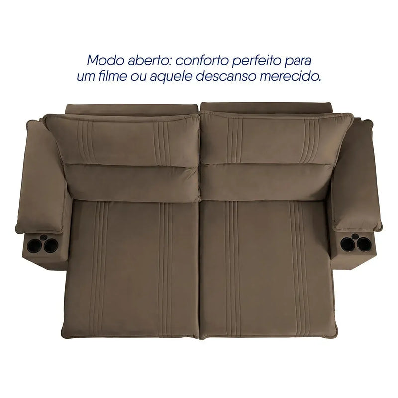 Sofá Retrátil Tesla 3,10m USB e Porta Copo Suede Marrom