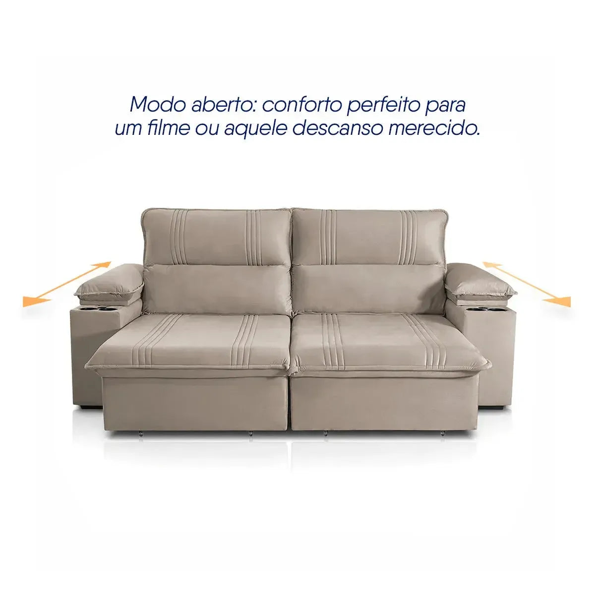 Sofá Retrátil Tesla 3,10m USB e Porta Copo Suede Tabaco