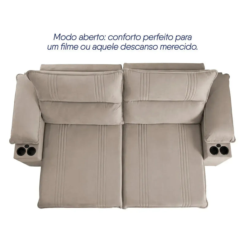Sofá Retrátil Tesla 3,10m USB e Porta Copo Suede Tabaco
