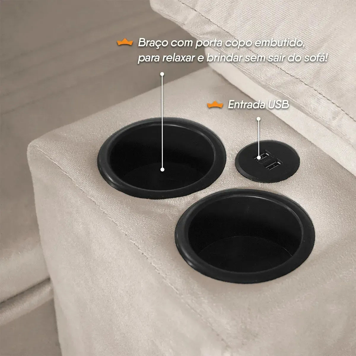 Sofá Retrátil Tesla 3,10m USB e Porta Copo Suede Tabaco
