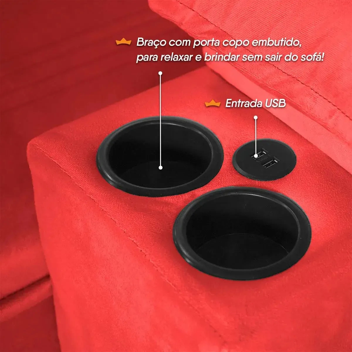 Sofá Retrátil Tesla 3,10m USB e Porta Copo Suede Vermelho