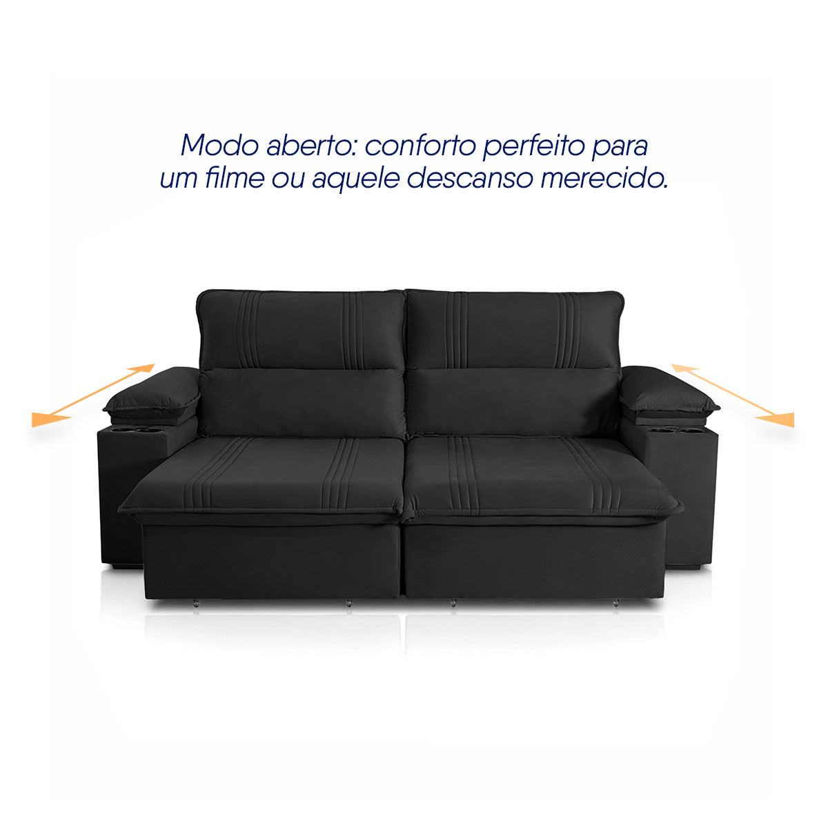 Sofá Retrátil Tesla 2,20m USB e Porta Copo Suede Preto