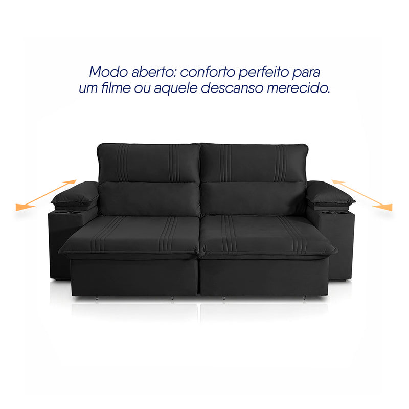 Sofá Retrátil Tesla 2,20m USB e Porta Copo Suede Preto