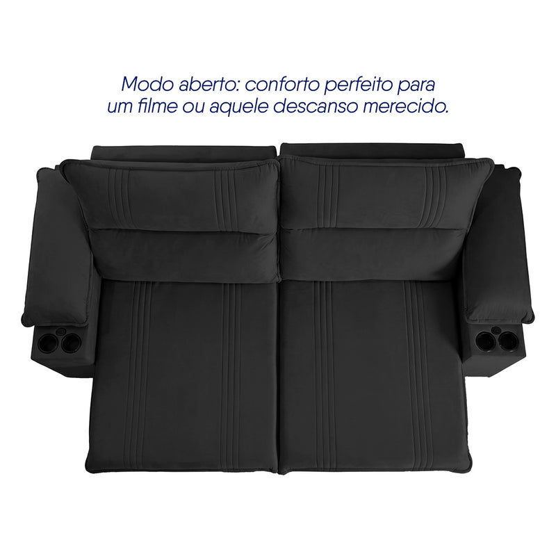 Sofá Retrátil Tesla 2,20m USB e Porta Copo Suede Preto
