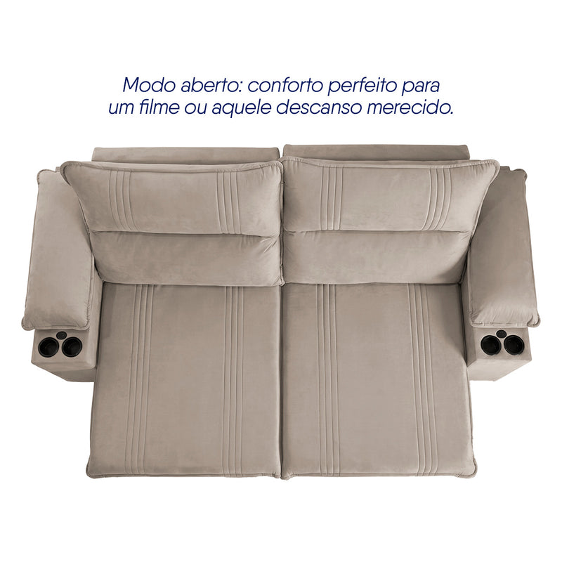 Sofá Retrátil Tesla 2,20m USB e Porta Copo Suede Tabaco