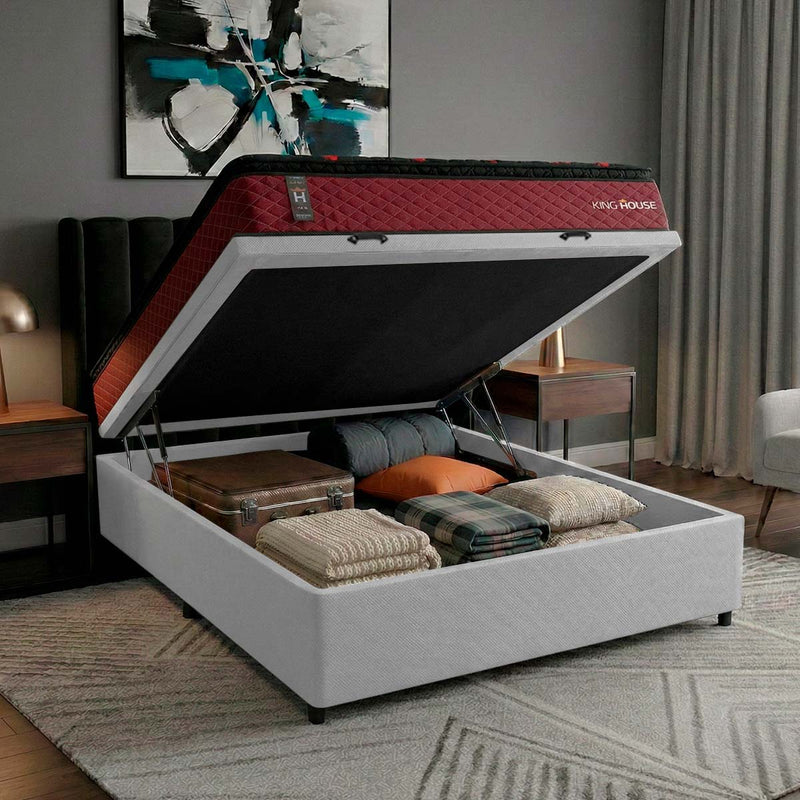 Cama Box Baú Toronto 138x188 Vermelho e Branco c/ Molas Ensacadas Espuma D26 Suporta 110 kg