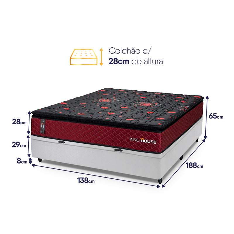 Cama Box Baú Toronto 138x188 Vermelho e Branco c/ Molas Ensacadas Espuma D26 Suporta 110 kg