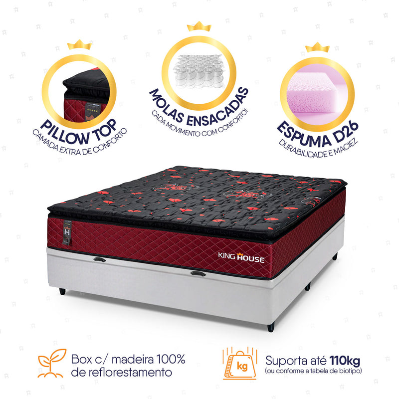 Cama Box Baú Toronto 138x188 Vermelho e Branco c/ Molas Ensacadas Espuma D26 Suporta 110 kg
