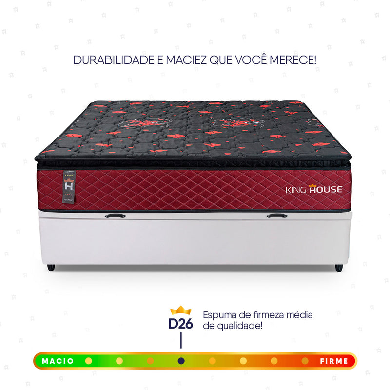 Cama Box Baú Toronto 138x188 Vermelho e Branco c/ Molas Ensacadas Espuma D26 Suporta 110 kg